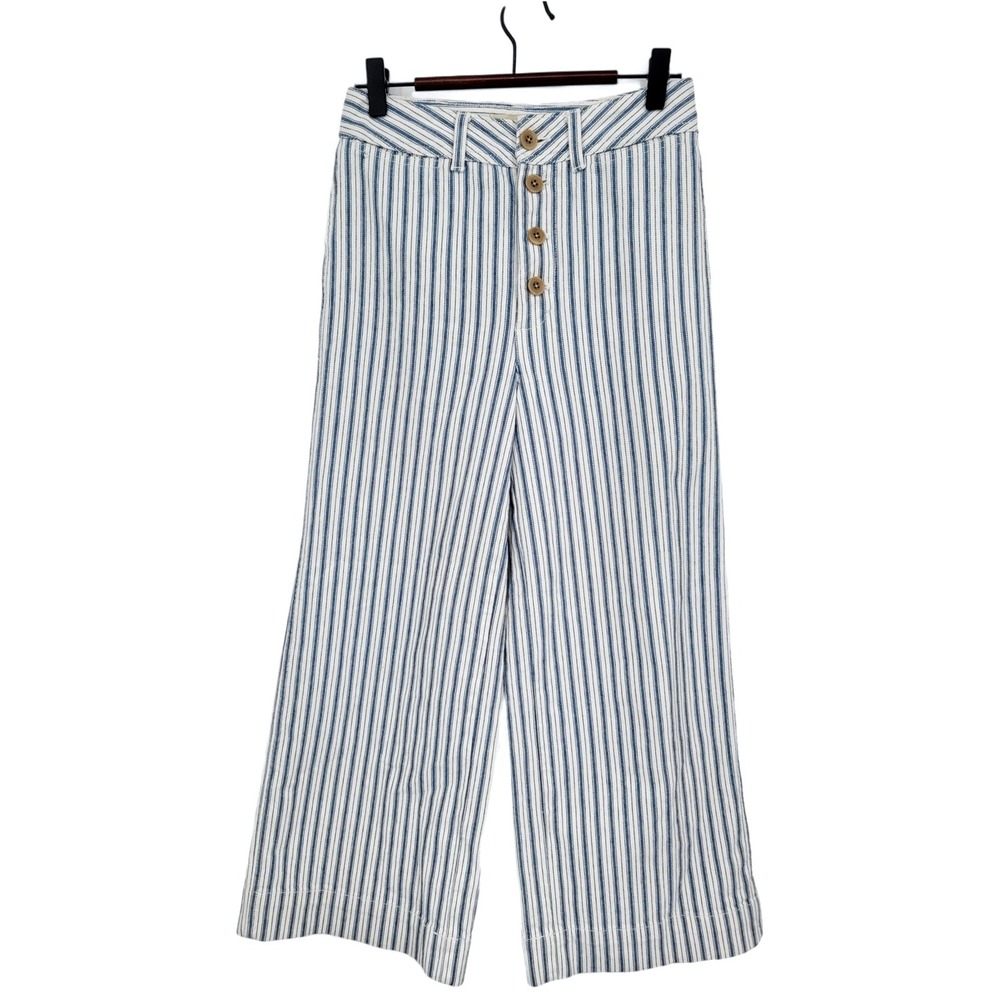 Madewell Womens Emmett Pants 26 Wide Leg Cotton Striped‎ Button Front Blue